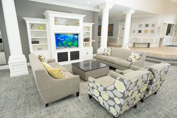 A living room with a grey couch, a yellow pillow, and a television